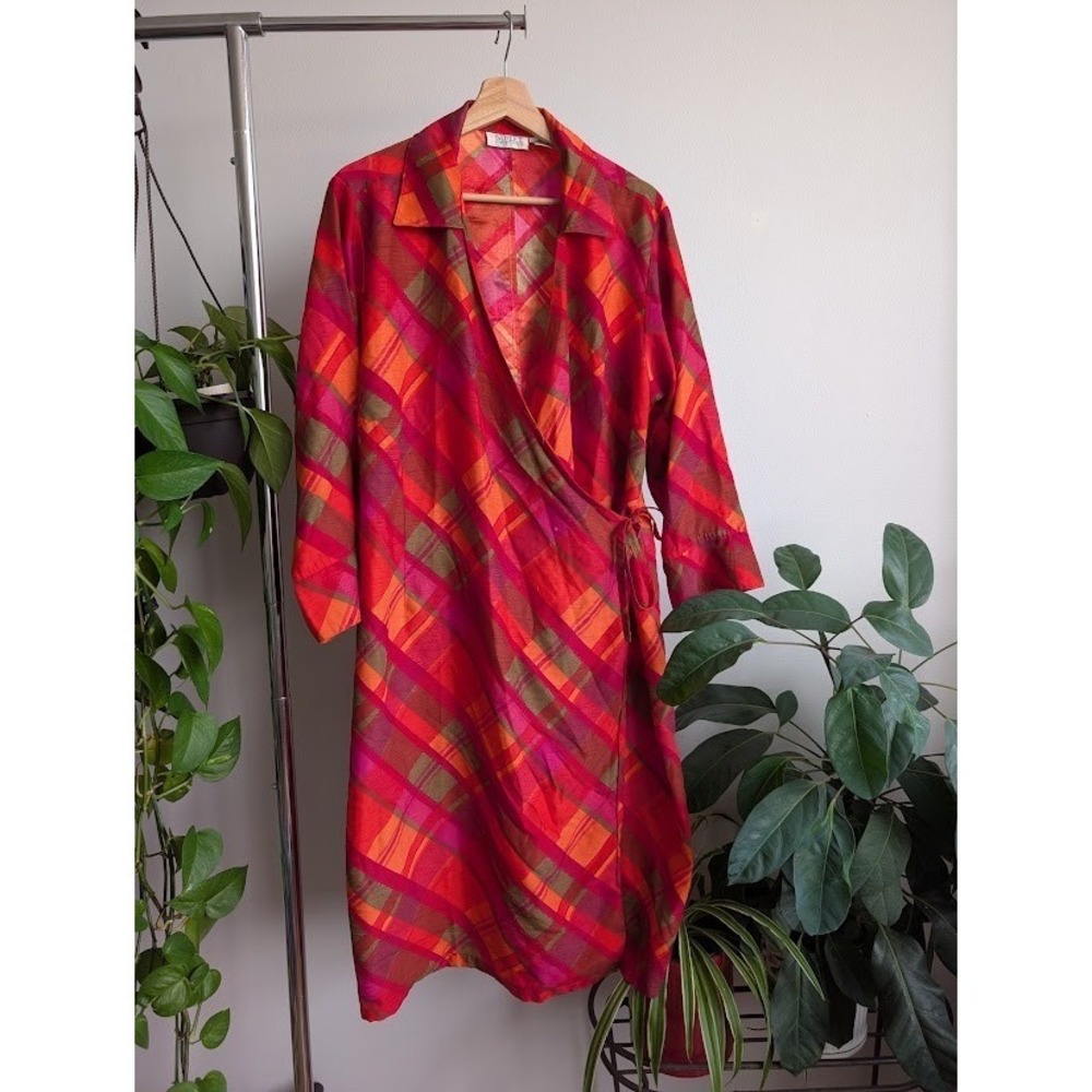 SOLD intage 90s silk wrap dress 1X plaid 80s colorful MOD style statement piec